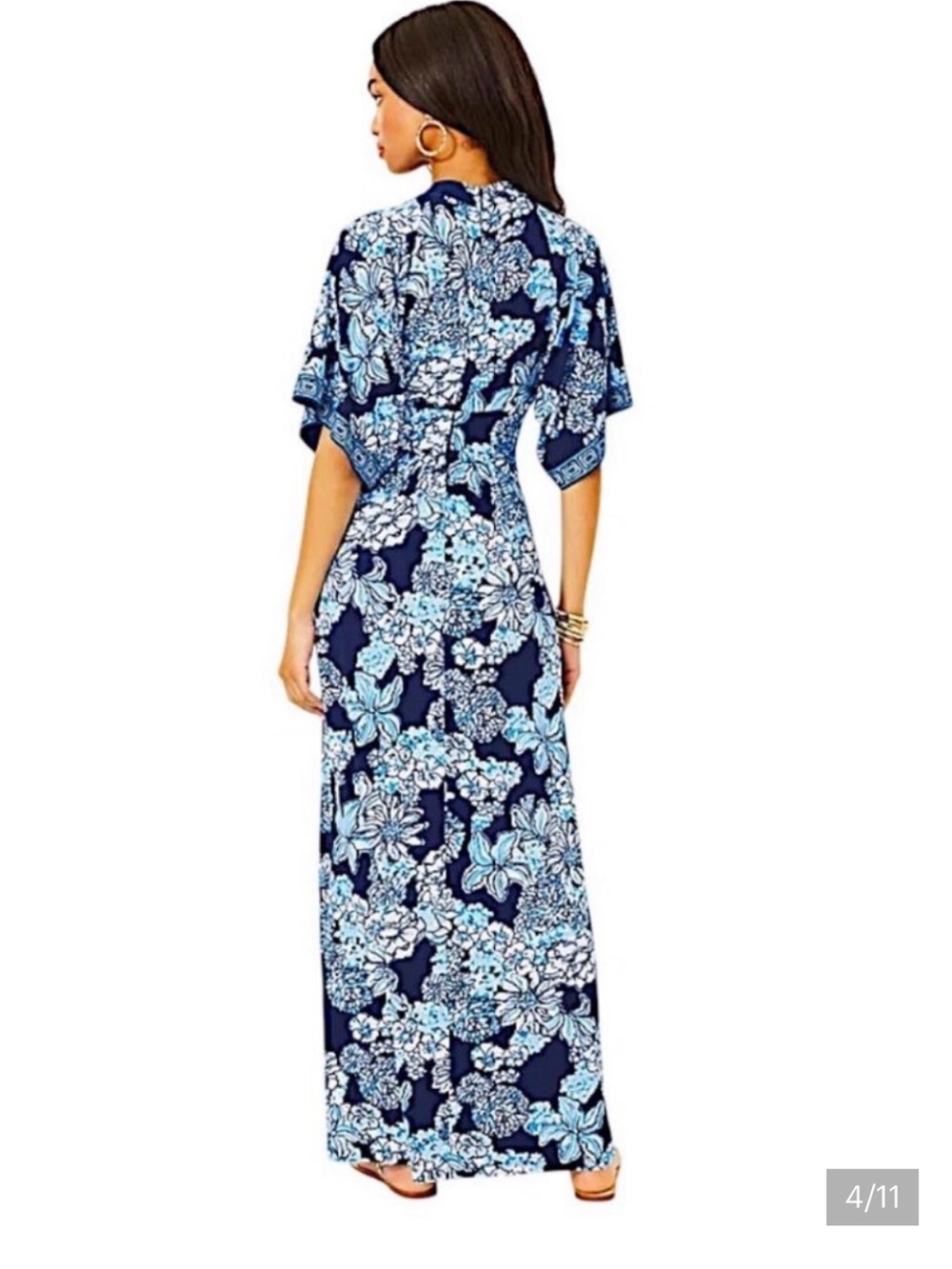 Lilly Pulitzer Wisteria elbow sleeve Maxi Dress in Low Tide Navy Bouquet all Day - Picture 3 of 13